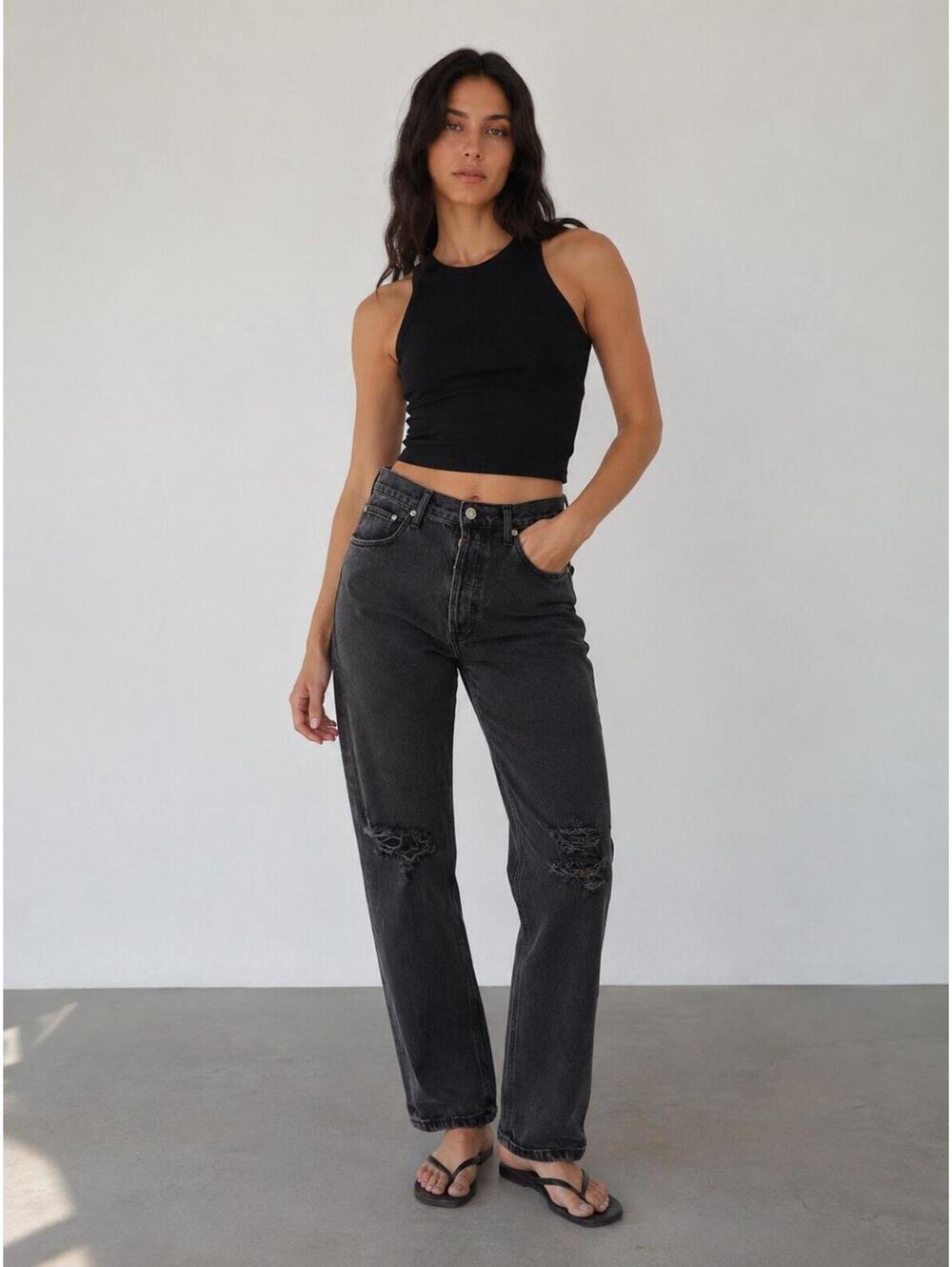 Agolde 90s Pinch Waist Jeans Sz 30 High-Rise Straight-Leg Distressed Black Goth - Picture 2 of 9